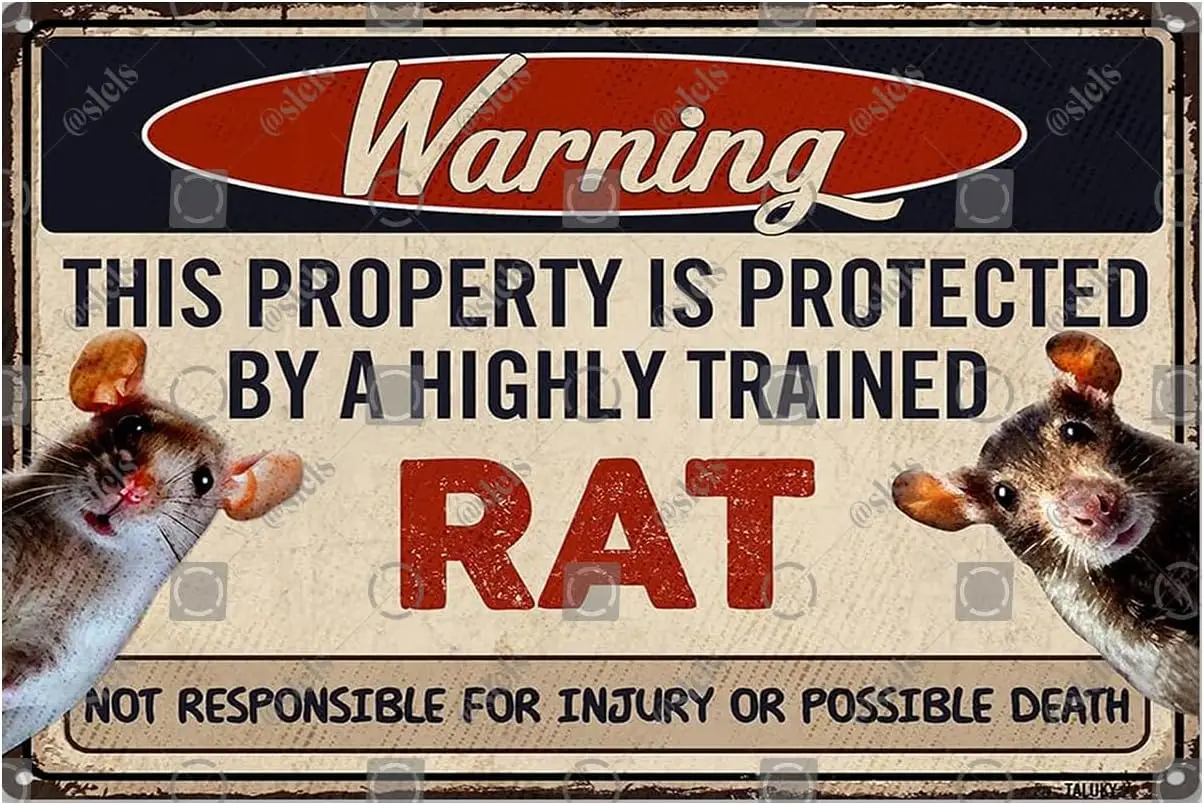 Warning Property Protected by Rats Metal Sign Decor - Funny Rat Gifts for Lovers Aluminum Rust Free , Pre-Drilled Holes, Wea