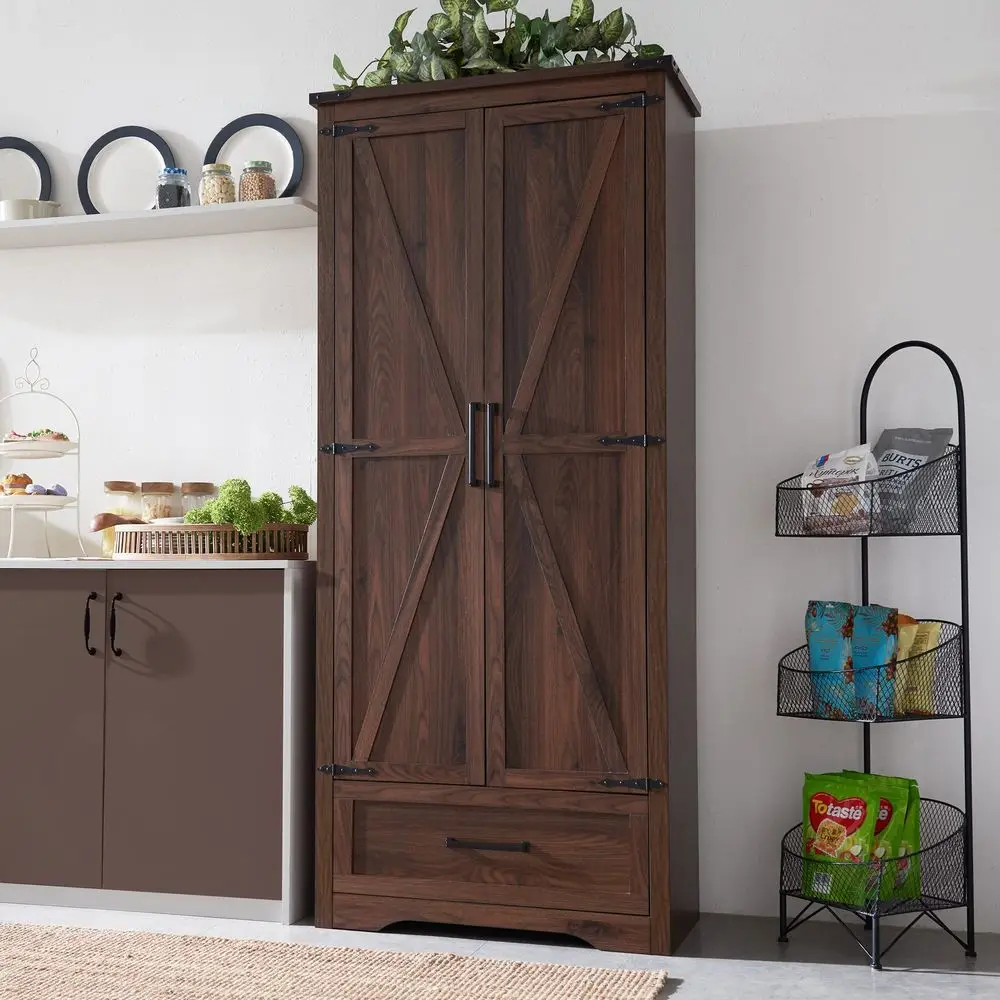

Farmhouse Kitchen Pantry Cabinet 72 Tall Wood Kitchen Storage Cabinets with Adjustable Shelves amp 2 Barn Doors amp Drawer, Ver