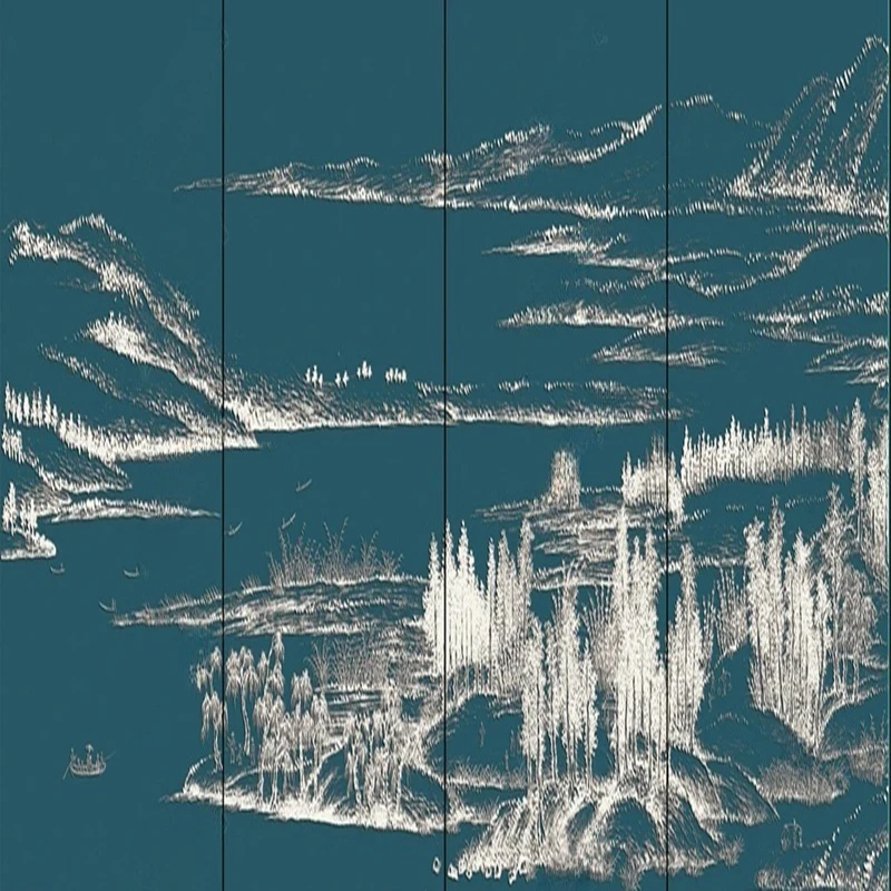Chinese Style Ink Line Art Mural Custom Abstract Wallpaper 3D Hand-Painted Mountain River Design for Elegant Living Room Bedroom