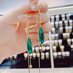 Korea Luxury Long Green Drop Crystal Earstring Fashion Temperament Simple Tassel Earrings Vintage Women Pendant Earring Party