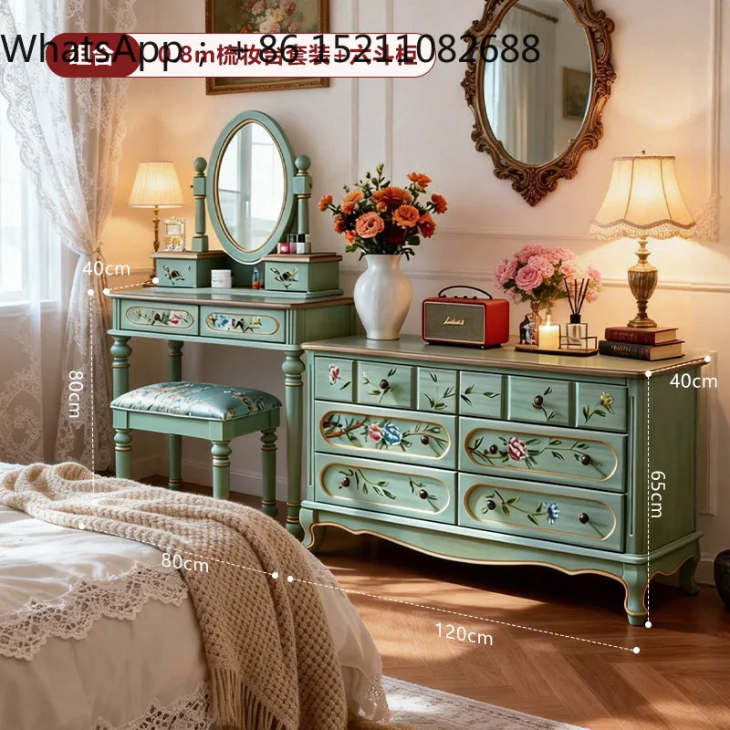 SCY dresser mirror integrated bedside bedroom retro small apartment household makeup table storage chest solid wood cabinet
