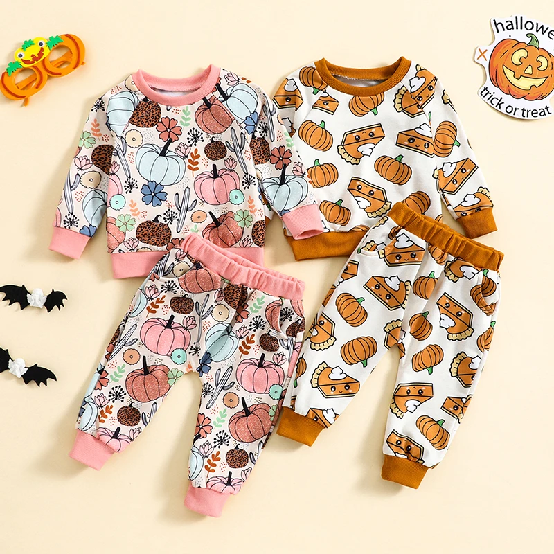 Baby Girl Fall Outfit Flower Pumpkin Print Long Sleeve Sweatshirts Elastic Waist Long Pants 2Pcs Halloween Clothes Set 0-3 Years