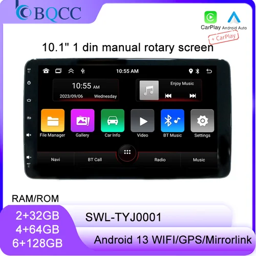 Bqcc-Android 13カープレーヤー,10.1インチ手動ロータリースクリーン,クアッドコアプロセッサ,wifi,GPS,ミラーリンク,FM,ワイヤレス,carplay,BT, RDS, 1 DIN