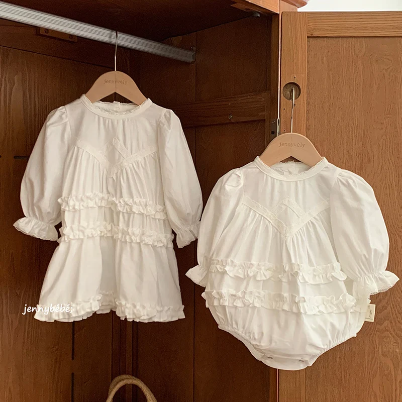 2026 New Spring Sister Dress Girl Birthday Party Dress Long Sleeved Cotton Solid Color Kids Princess Dresses Baby Girl Romper