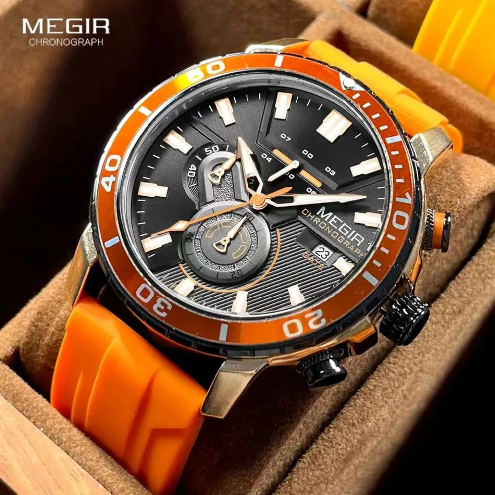 ساعة رياضية MEGIR-Orange للرجال ، حزام سيليكون مقاوم للماء ، كرونوغراف ، ساعة يد كوارتز ، تقويم ، أيدي مضيئة ، موضة