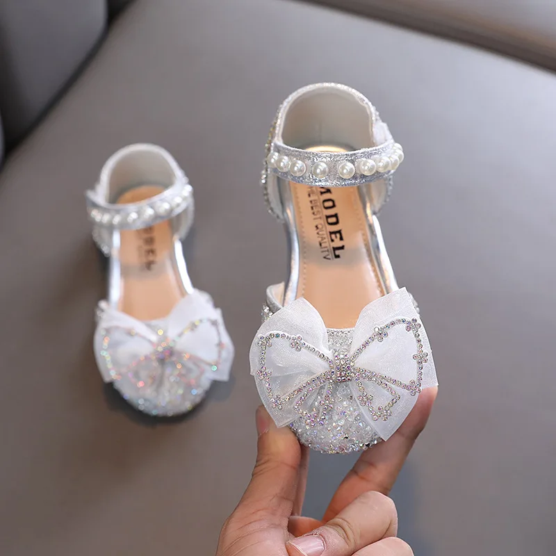 Summer Children\'s Sequins Sandals Sweet Girls Sandals Rhinestone Bow Sandals Fashion Kids Pearl Princess Shoes J318