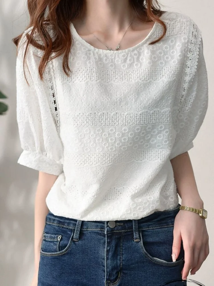 Summer Hlaf Sleeve Embroidery Women Blouses Elegant Casual Cotton White Shirts O-neck Top Fashion