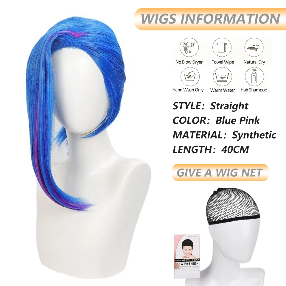 LOL Jinx Cosplay Wig Short Straight Blue Pink Synthetic Wig for Women Heat Resistant Game Anime Role Playing Costumes Wig