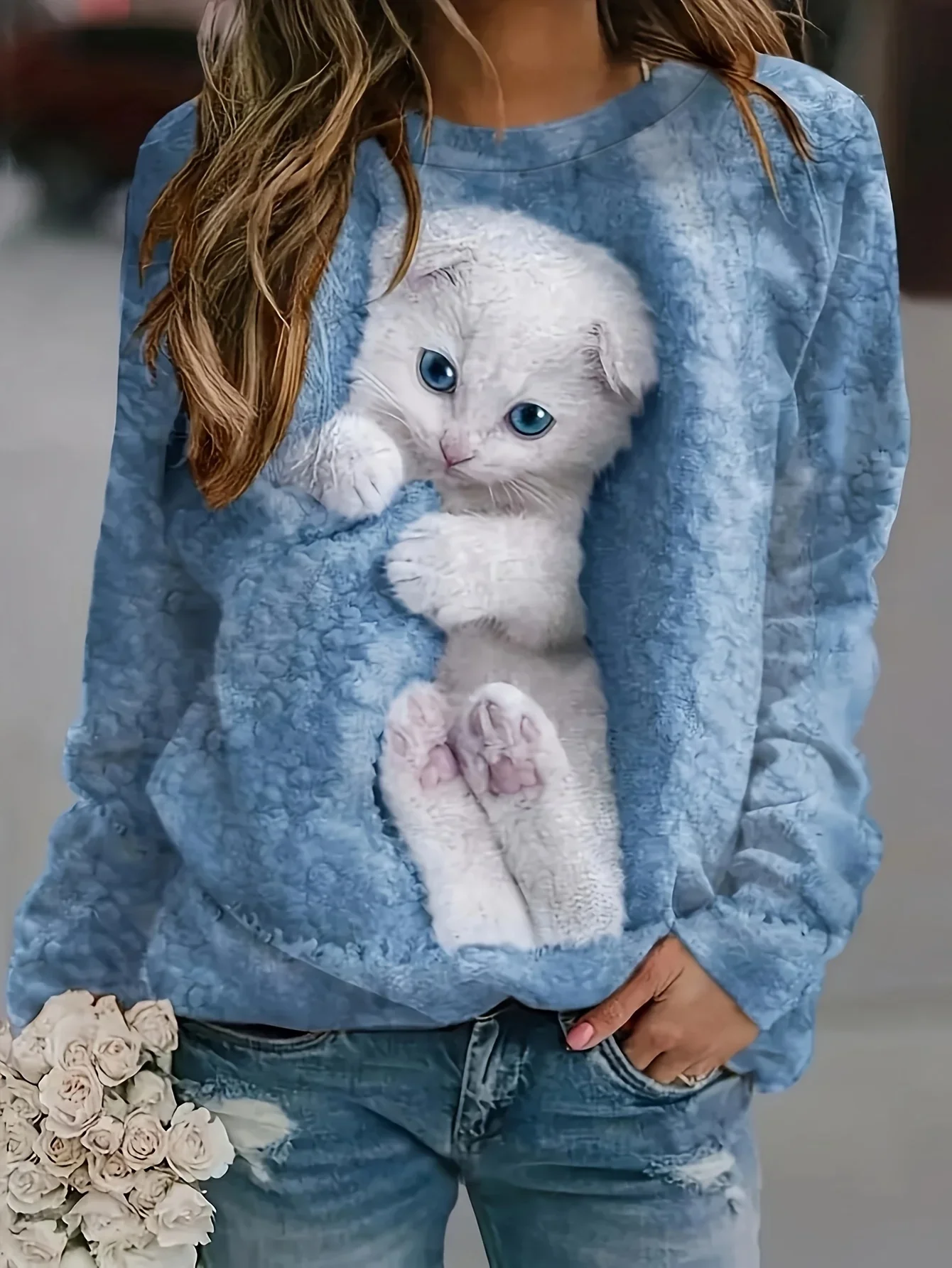 T-shirt a maniche lunghe con motivo gatto casual da donna primavera autunno taglie forti 1XL-5XL T-shirt girocollo moda donna