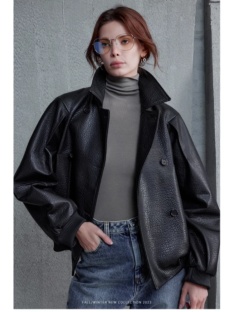 

Retro Classic Black Genuine Leather Jackets Women Spring Autumn 2026 New High-end Simple Double Breasted Real Sheepskin Coat