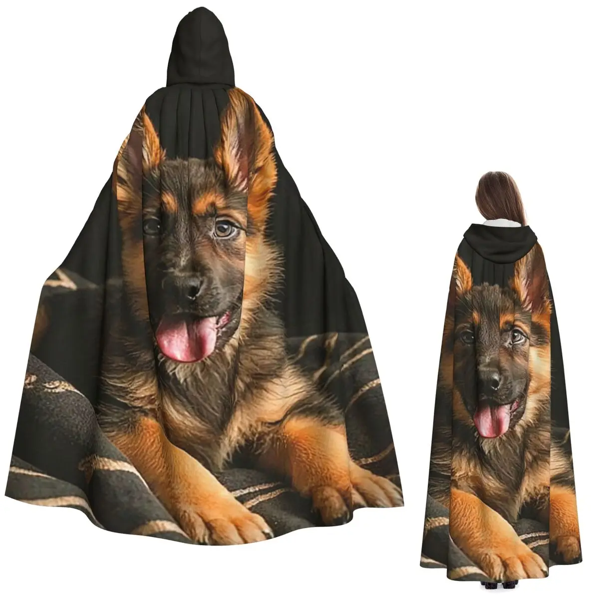 Adorabile pastore tedesco ritratto lungo mantello con cappuccio strega costume medievale mantello cosplay festa di Halloween adulto unisex