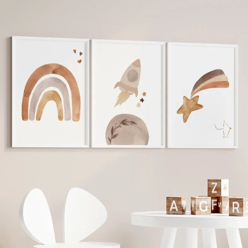 Multiple sizes 1pc frameless Canvas Painting,Watercolor Rainbow Sun Moon Rocket Planet Posters Canvas Painting Nursery Wall Art