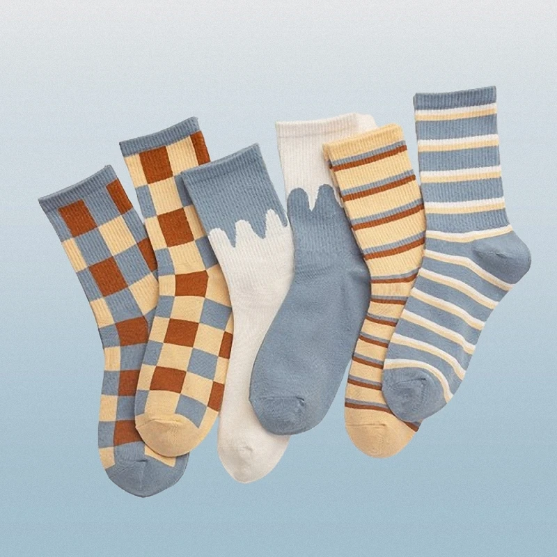 

5/10 Pairs Blue Plaid Socks Women Autumn And Winter Mid-tube Socks Cream Striped Cotton Socks British Style Socks