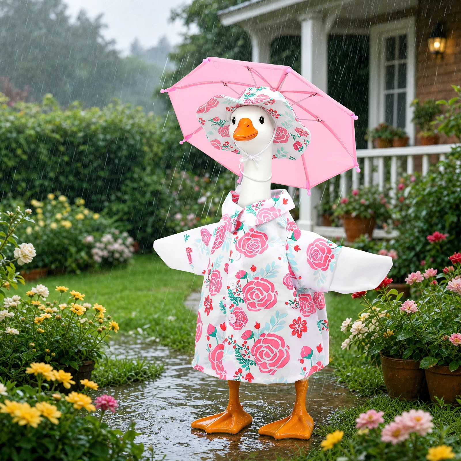 Raincoat Porch Goose Outfit Umbrella Hat Set Waterproof Summer Lawn Goose Clothes Outdoor Garden Decor Statue Dress Up