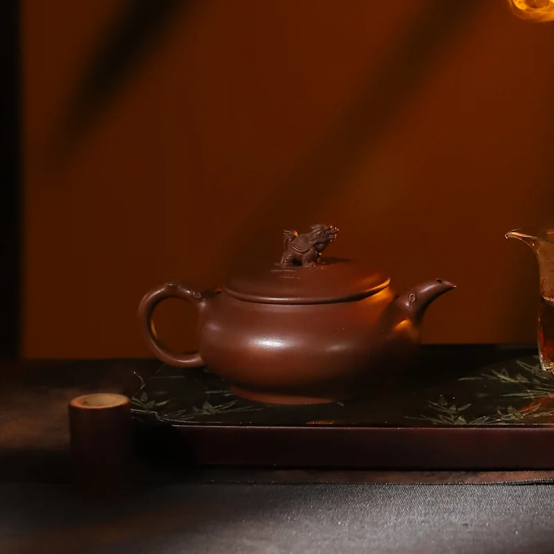 Authentic Yixing Purple Clay Teapot Purely Handmade Made From Raw Huanglong Mountain No. 4 Well Clay With Relief Sculpture Of