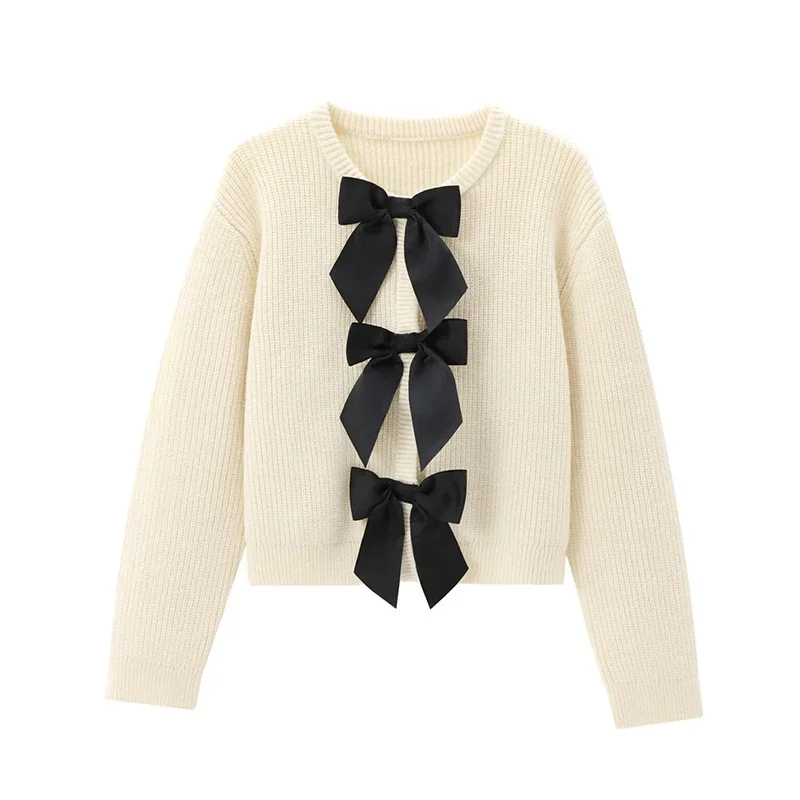 

New Warm Knitted Sweater O-Neck Bow Decoration Casual Office Lady Winter Women Tops Fashion Long Sleeves Knit Sweater Streetwear
