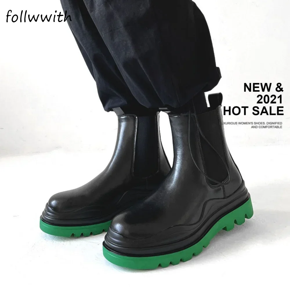 Black Leather Chelsea Boots Men/women Round Toe Green Soles mid-calf British Style fashion Boots Slip-on 2024 New rain boots