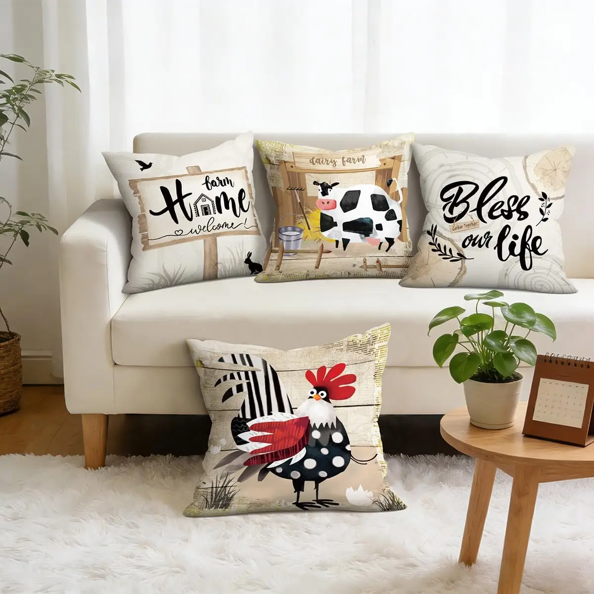 Rustic Farmhouse 4 Pack Throw Pillow Covers Cottagecore Home Decor Cow Rooster Welcome Theme Print Accessories