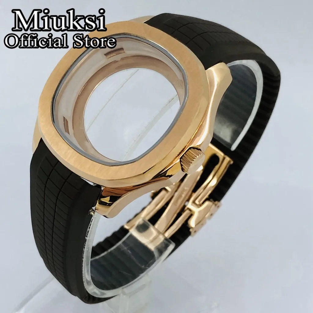 Miuksi 40mm square rose gold watch case sapphire glass black blue grey green rubber strap fit NH35 NH36 ETA2824 PT5000 movement