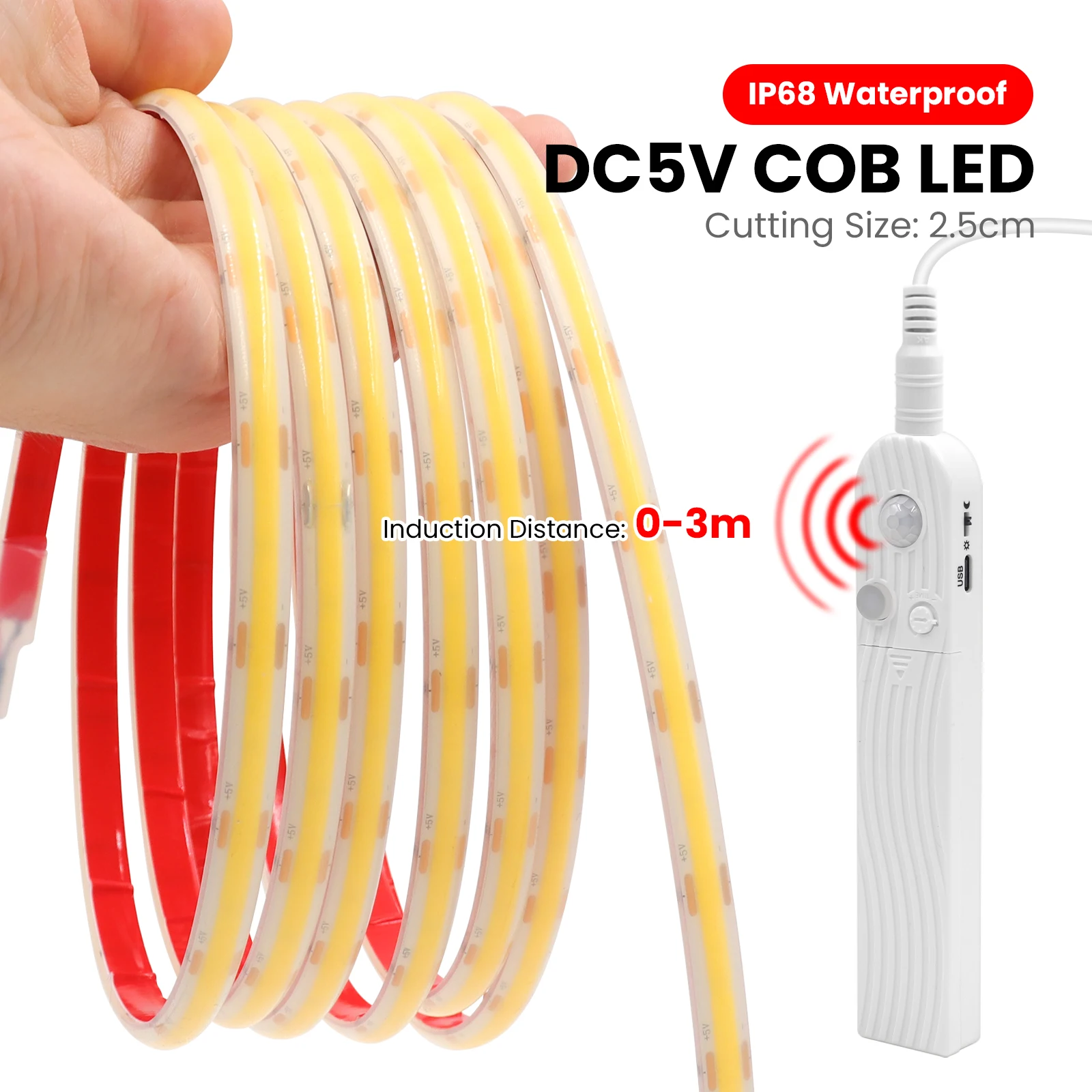 5V COB Led Strip with Motion Sensor AAA Battery USB Powered Induction Night Light IP68 Waterproof Warm/Natural/White Strips 1-3M