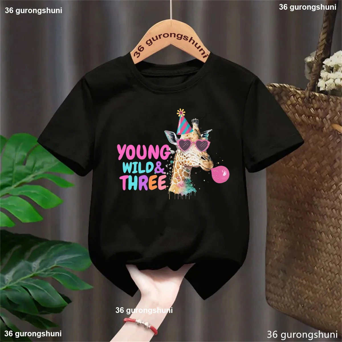 

Watercolor Young Wild Three Giraffe Blowing Bubbles Graphic Printed T Shirt Girls Kawaii Kids Clothes 3rd Birthday Gift T-Shirt