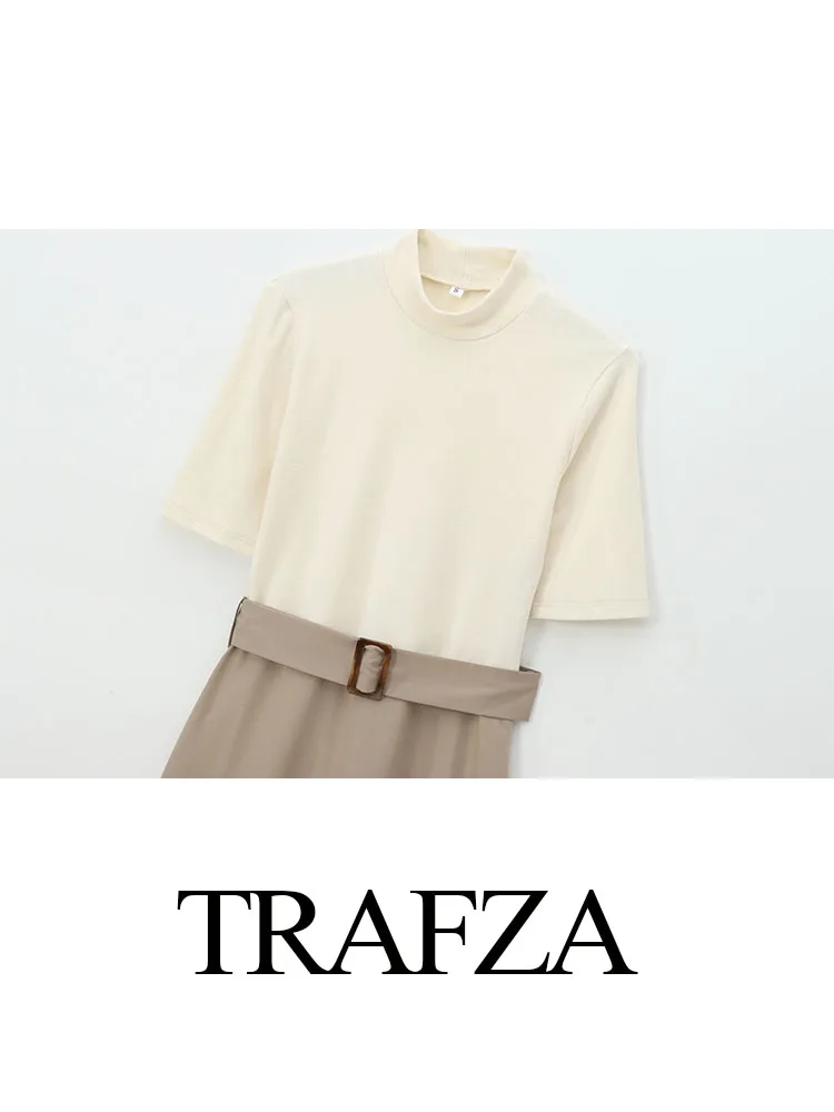 TRAFZA Women New Fashion Dresses Solid O-Neck Half Sleeves Belt Decoration Female Summer Casual Slim Long Dresses 3 Color