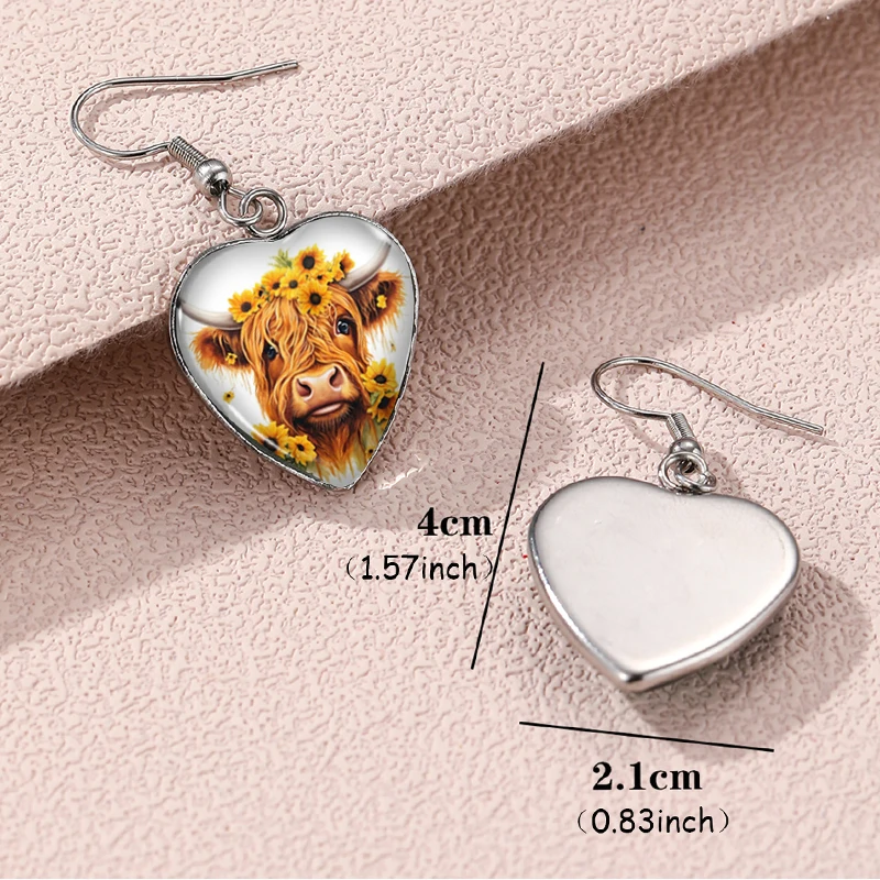 2024 New Highland Cow Dangle Earring Heart Shaped Earrings Handmade Glass Dome Jewelry
