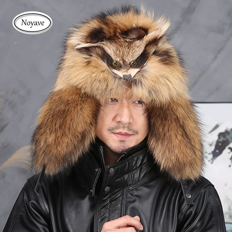 100% Real Fur Raccoon Fox Skin Russian Hats Pilot Bombers Full Mao Men\'s hat Ushanka Winter Ear Guard Hat Raccoon Fur Beanie Hat