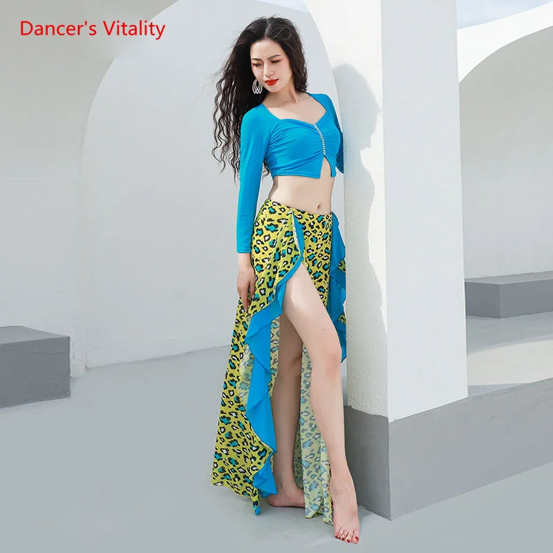 Belly Dance Costumes Set for Women Bellydance Printed Practice Suit Girl\'s Fashion Long Sleeves Top+split Skirt 2pcs Danc Wear