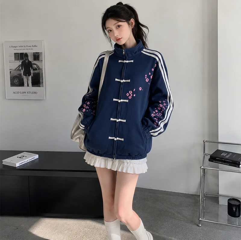 Damen-Sweatshirt mit Stehkragen und Reißverschluss, Kirschblüten-Stickerei, chinesische Knöpfe, Streetwear, lässige, lockere Passform, Jacke – Detail 6