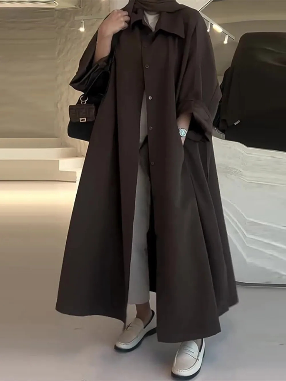 Eid มุสลิมผู้หญิง Abaya Trench Coat Single Breasted Lapel Overcoat Ramadan โมร็อกโกดูไบ Windbreaker อาหรับลําลองยาว