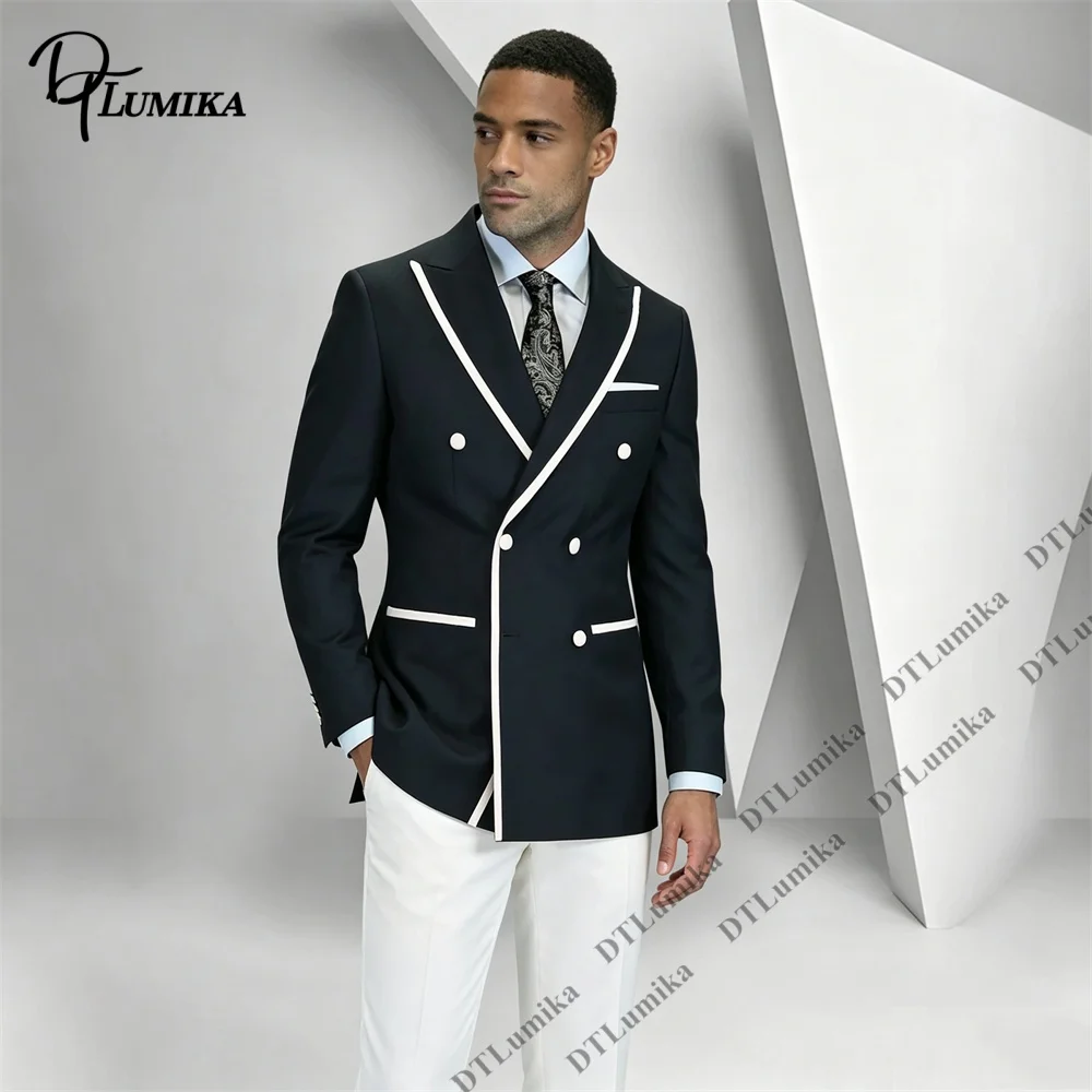Men's 2 Piece Double Breasted Suit Black Blazer White Pants Contrast Color Slim Fit Formal Wedding Prom Party Fashion Tuxedo