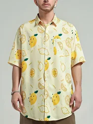 Sycpman Fun Lemon Print Short Sleeve Shirts for Men Summer Loose Casual Versatile Shirt Streetwear