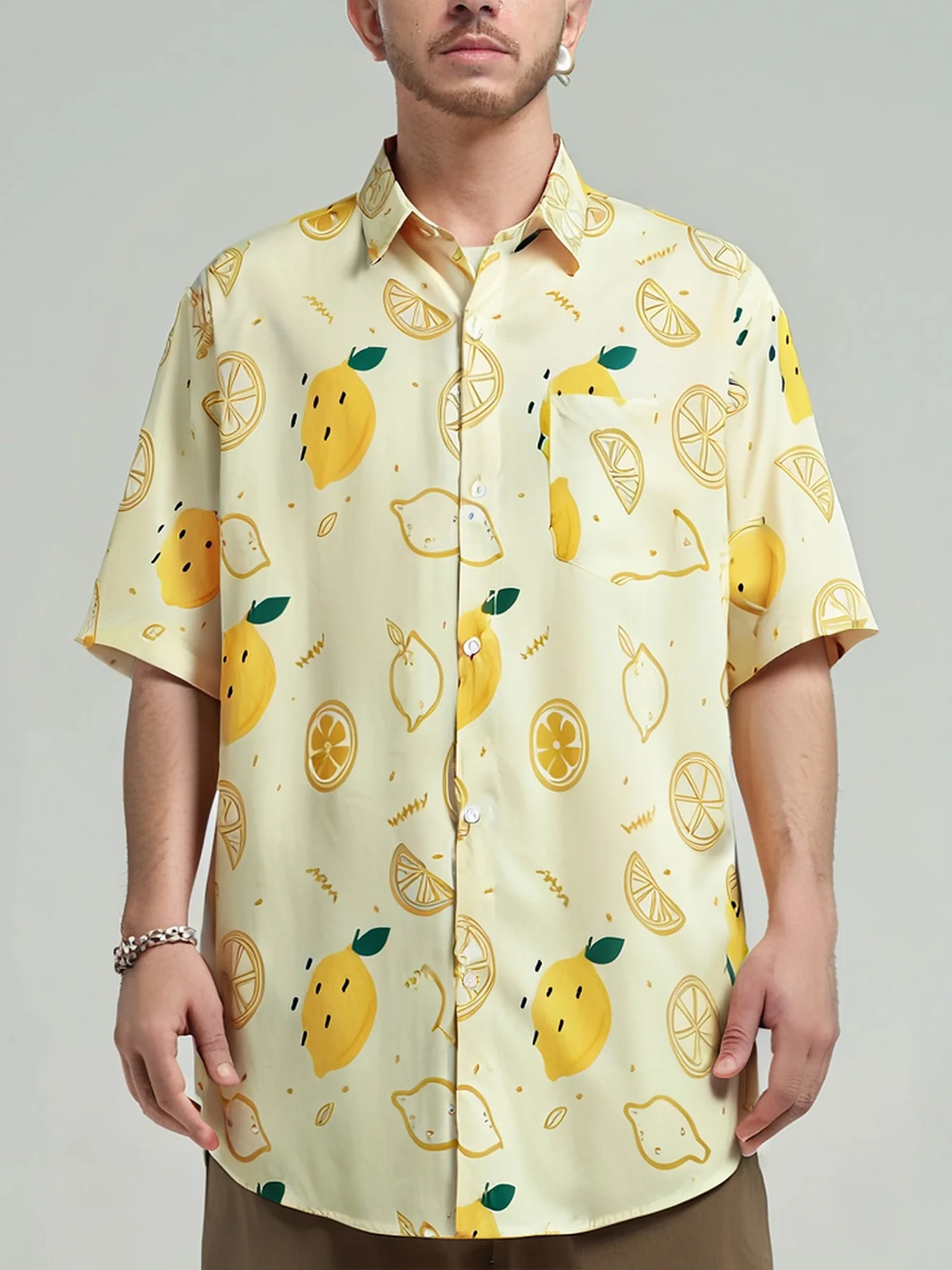 Oversized Loose Hawaiian Lemon Short Sleeve Shirt Men Vintage Loose Couple Beach Shirts for Summer Clothing Streetwear