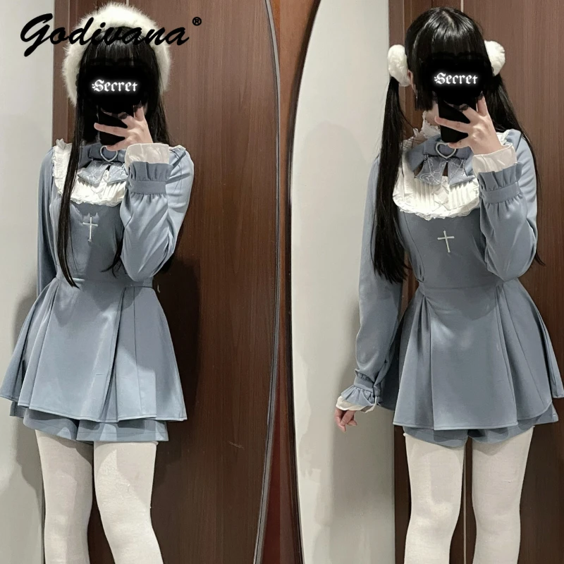 Japanese Mine Lace Bow Long Sleeve Embroidered Cinched Patchwork Long Sleeve Dress Top and Shorts Women's Mass-Produced Outfits