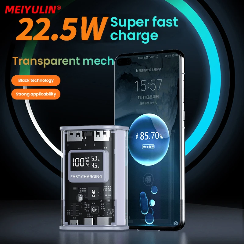 10000mAh Transparent Power Bank 22.5W USB C PD20W Fast Charging Portable External Auxiliary Battery for iPhone 15 Xiaomi Samsung