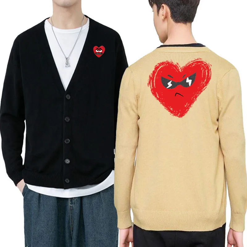 Splashing Ink Love Printing Men Cardigan Cotton Cool Snag Heart Embroidery V-Neck Single Breasted Long Sleeves Autumn  Sweater