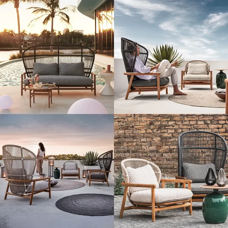 Teak Wood Outdoor Rattan Sofa Set for Garden Balcony Villa Patio Furniture