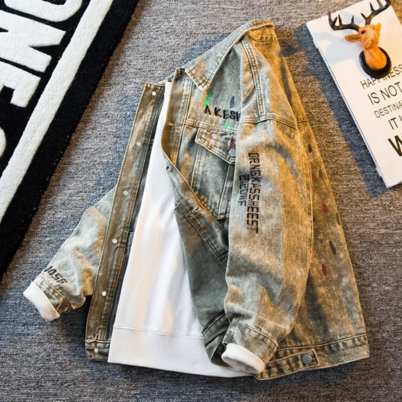 Men's clothing American retro distressed denim jacket Men's trendy loose embroidered jacket top streetwear