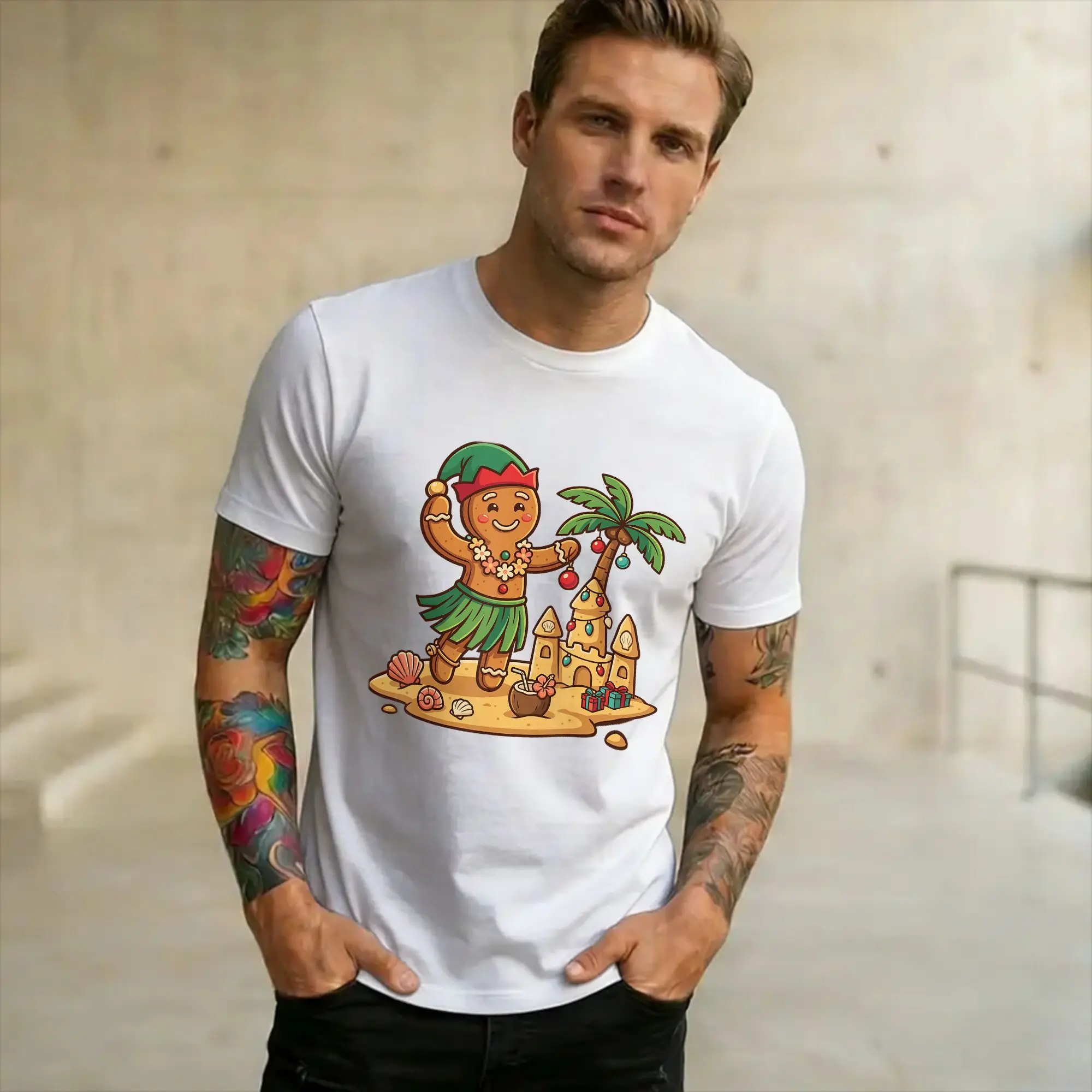 Men Women New Arrival Christmas in July Gingerbread Man Tropical Beach  T Shirt Tee 100% Cotton  T-shirts Clothes