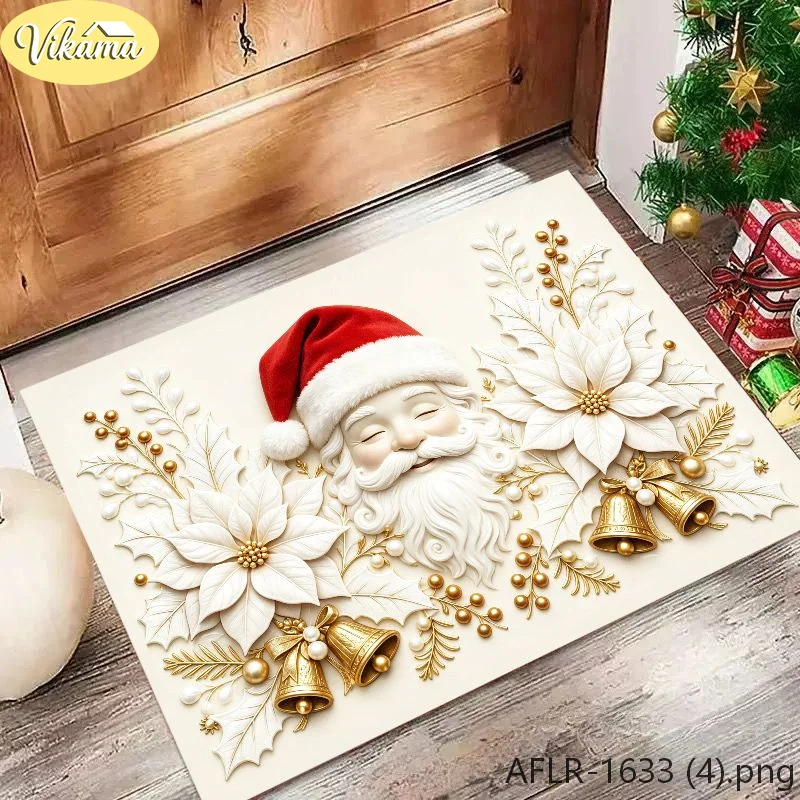 VIKAMA Santa Claus Christmas Rug Embossed Luxury Print Non-Slip Absorbent Farmhouse Entryway Mat, Winter Holiday Home Decor Gift