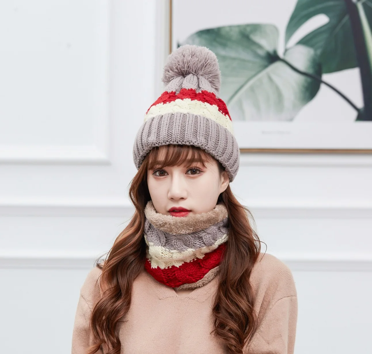 Winter Hats for Women Patchwork Wool Knitted Big Pompom Velvet Double Faced Beanies for Girl Ear Protection Thicken Warm Hat