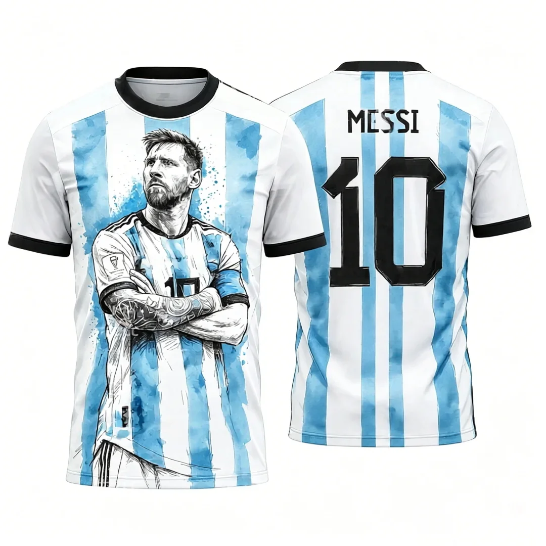 Messi Nr. 10 Fußballtrikot Trainingsset im West Coast-Stil T-Shirt Sommer Sport Herren Atmungsaktives und Schnelltrocknendes 3D-T-Shirt