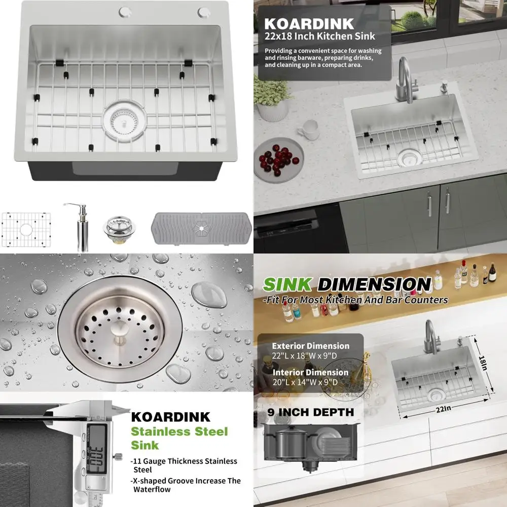 

Stainless Steel 22x18 Inch Single Bowl Topmount Bar Sink with Grid, Mat, Drain Strainer and Long Tail Features