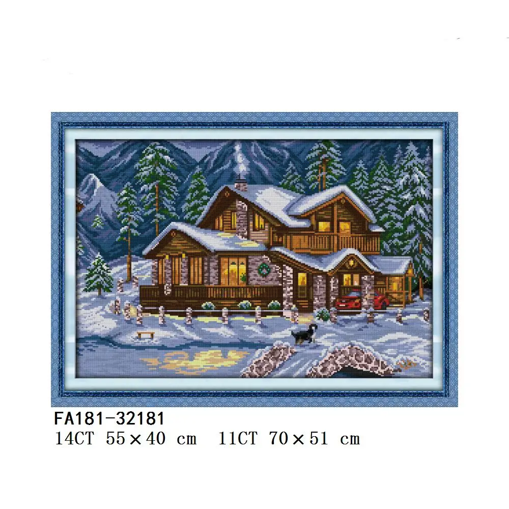Warm Winter Christmas Eve in Town for Church, Snowy Night, Rural Snow Night, Cross Stitch, FA181, FA197, FA198, FA213, FA216