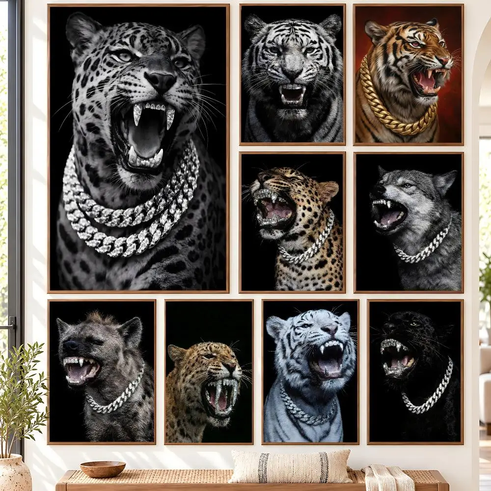 Luxury Leopard With Diamond Teeth Cool Jaguar Modern Poster Self Adhesive Matte Wall Art Removable Home Room Decoration