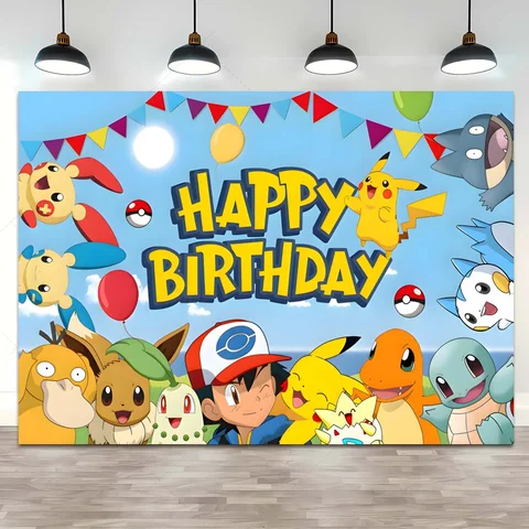 Happy Birthday Party Pokemon Backdrop Decoration Kids Boy Baby Shower Pikachu Anime Photography Background Banner Vinyl Poster