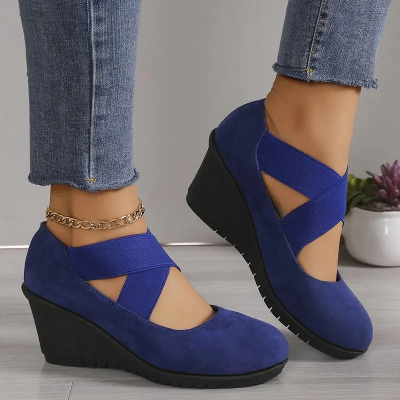 Rubber combination sole, all-season single shoes, suede, shallow toe, elastic band, solid color, round toe, wedge heel