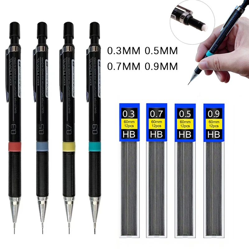 0.3/0.5/0.7/0.9mm Mechanical Automatic Pencil Set with 4box Leads, for Student School Writing Art Drawing Supplies Stationery