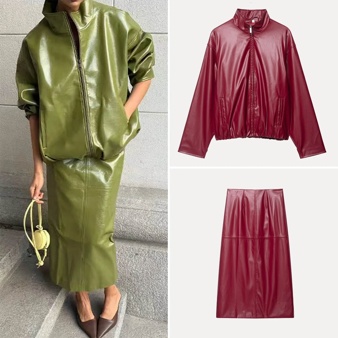 

Fashionable Leather Jacket Coat Personality High Waist Skirt And Pants Three Piece Set for Women Autumn Season Long Sleeve